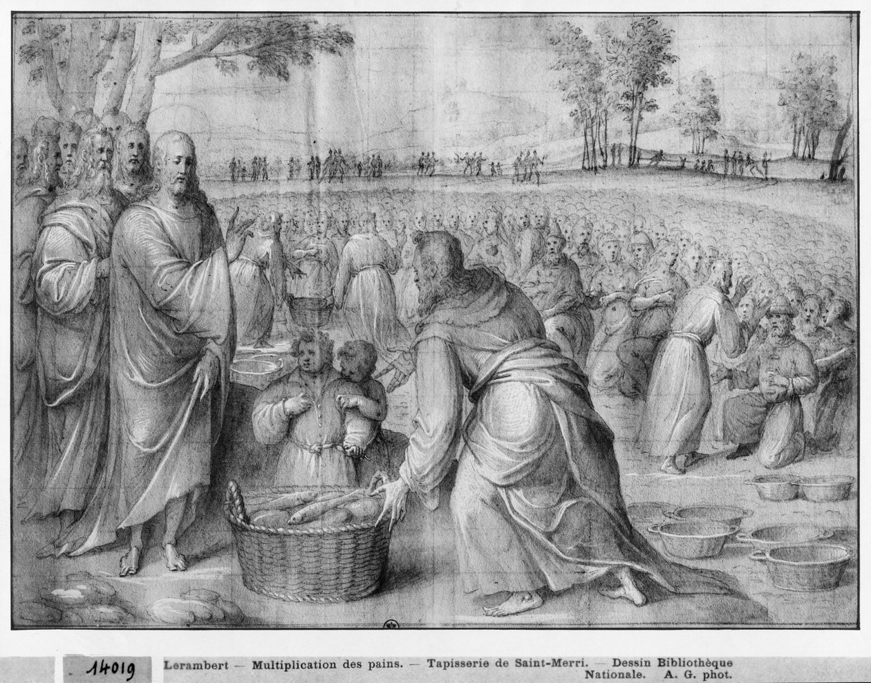 Vida de Cristo, multiplicação dos pães e peixes, estudo preparatório de desenho animado de tapeçaria para a Igreja Saint-Merri em Paris, c.1585-90 (Pierre Noire und Wash und White destaca no papel) de Henri Lerambert