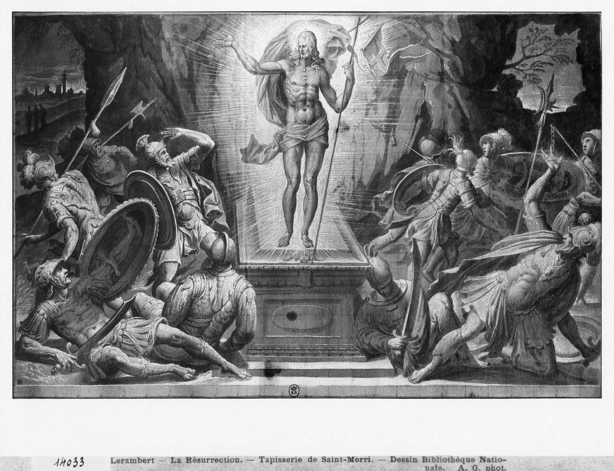 Vida de Cristo, Ressurreição de Cristo, estudo preparatório de desenhos de tapeçaria para a Igreja Saint-Merri em Paris, c.1585-90 (Pierre Noire und Wash und White destaca no papel) de Henri Lerambert