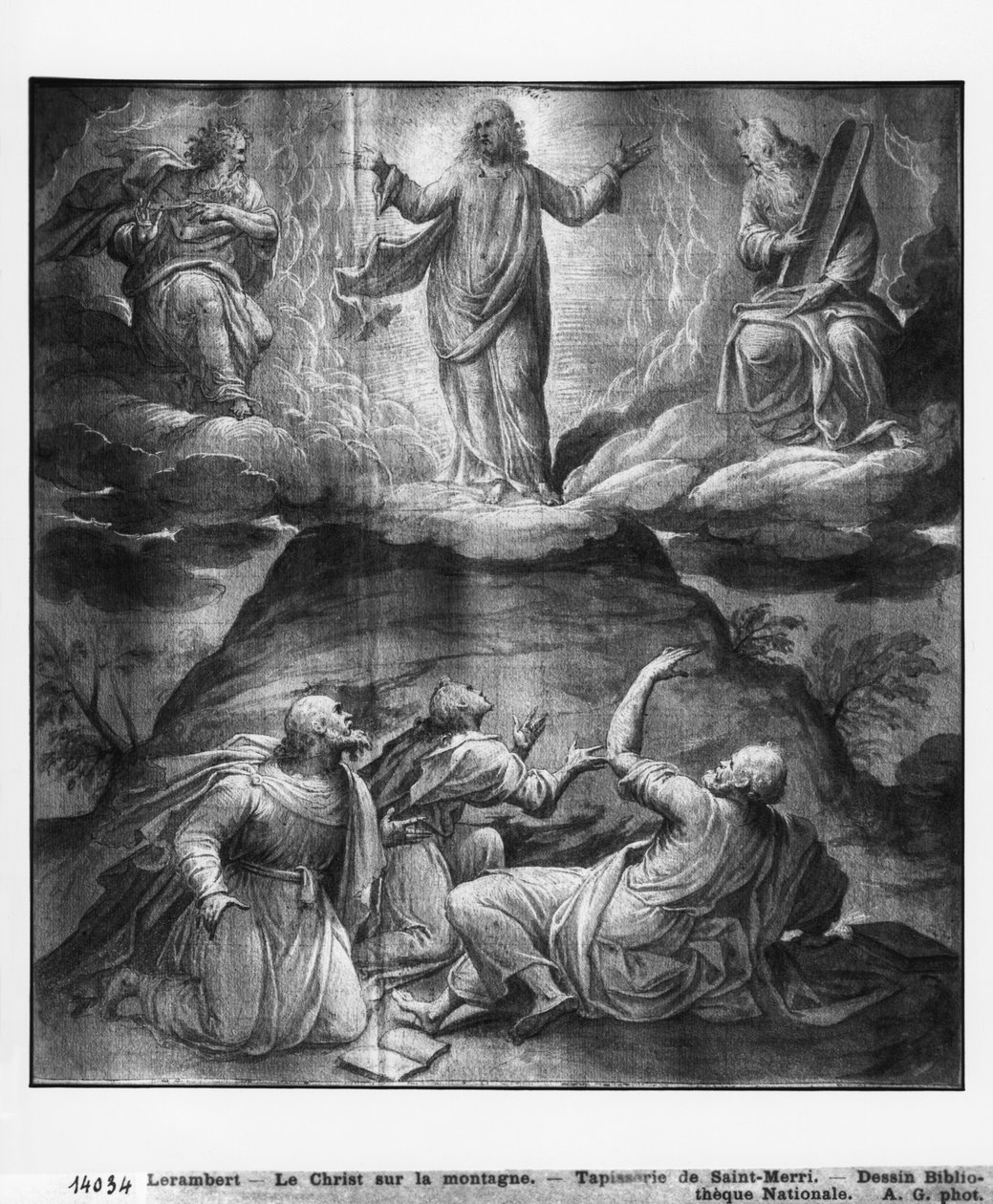 Vida de Cristo, Transfiguração de Cristo no Monte Tabor, estudo preparatório de desenhos animados de tapeçaria para a Igreja Saint-Merri em Paris, c.1585-90 (Pierre Noire und Wash und White destaca no papel) de Henri Lerambert