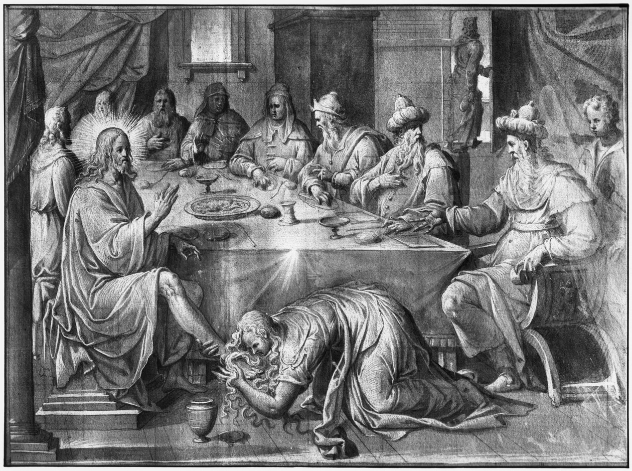 Vida de Cristo, a Refeição na Casa de Simão, o Fariseu, estudo preparatório de desenho de tapeçaria para a Igreja Saint-Merri em Paris, c.1585-90 (Pierre Noire und Wash und White destaca no papel) de Henri Lerambert