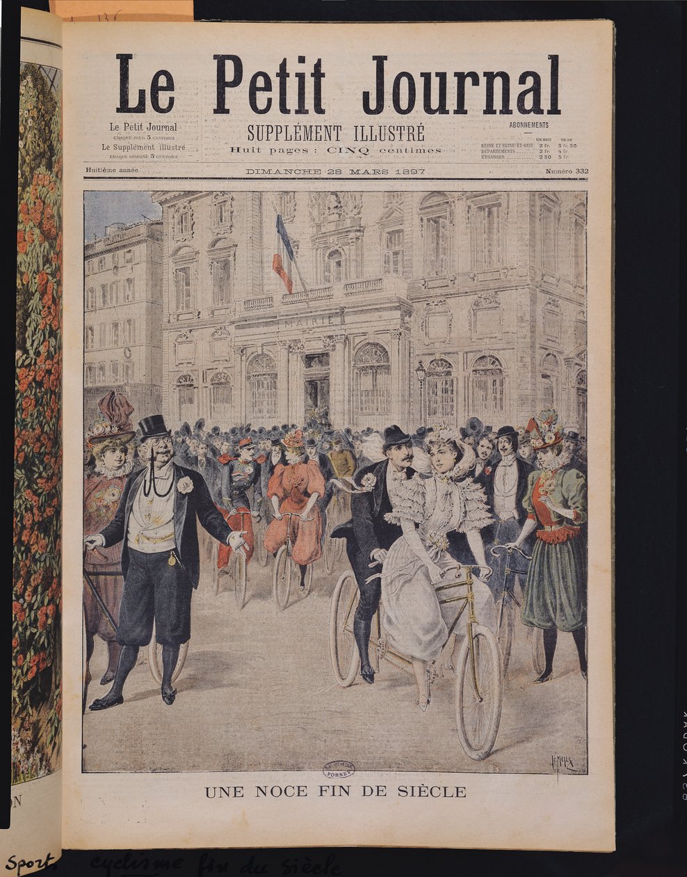 Um casamento em uma bicicleta, ilustração da capa do &39;Le Petit Journal&39;, 5 de março de 1897 de Henri Meyer