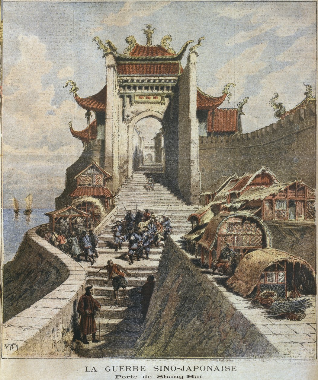 Guerra sino-japonesa, portão de Xangai, ilustração de &39;Le Petit Journal&39;, suplemento illustre, 6 de janeiro de 1895 (gravura a cores) de Henri Meyer