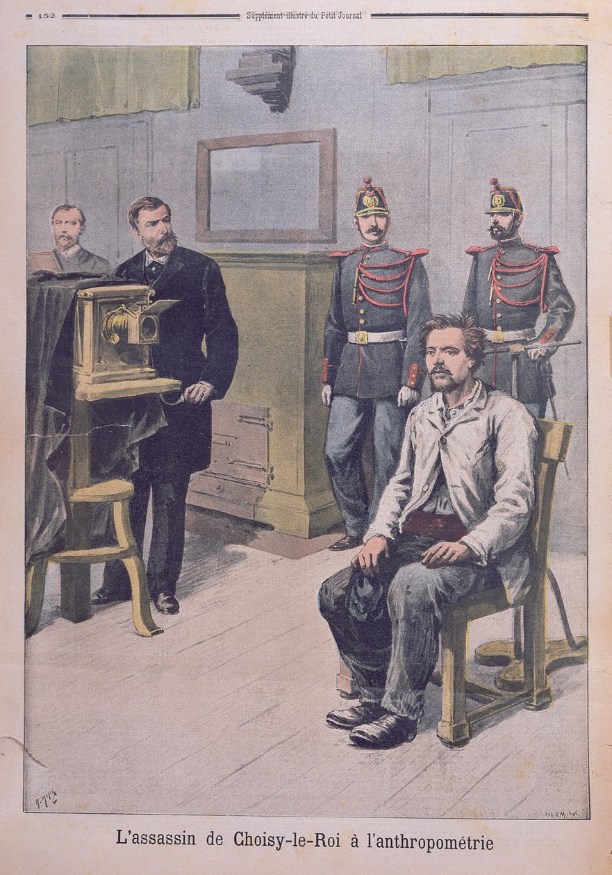 O Assassino de Choisy-le-Roy sendo fotografado diante do Professor Bertillon, de &39;Le Petit Journal&39;, 7 de maio de 1899 (lito colorido) de Henri Meyer