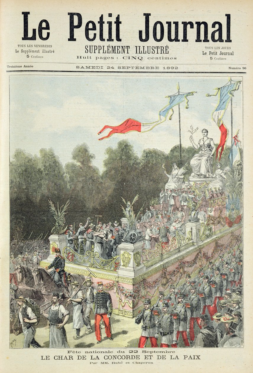 Página de rosto representando o feriado nacional em 22 de setembro celebrando o centenário da proclamação da República, ilustração do suplemento ilustrado do Le Petit Journal, 24 de setembro de Henri Meyer