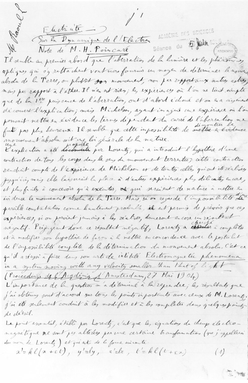 Manuscrito sobre dinâmica de elétrons, 5 de junho de 1905 (caneta e tinta no papel) de Henri Poincare