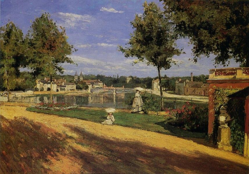 Terraço nas margens do Sena em MelunnFrancais: O terraço nas margens do Sena tem Melun. No fundo A Casa Central de Melun em Ile Saint-Etienne. Podemos ver algumas fábricas em Vaux-le-Penil na margem direita do Sena e na parte inferior podemos de Henri Rouart