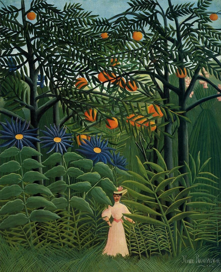 Mulher, andar, em, um, exoticas, floresta de Henri Rousseau