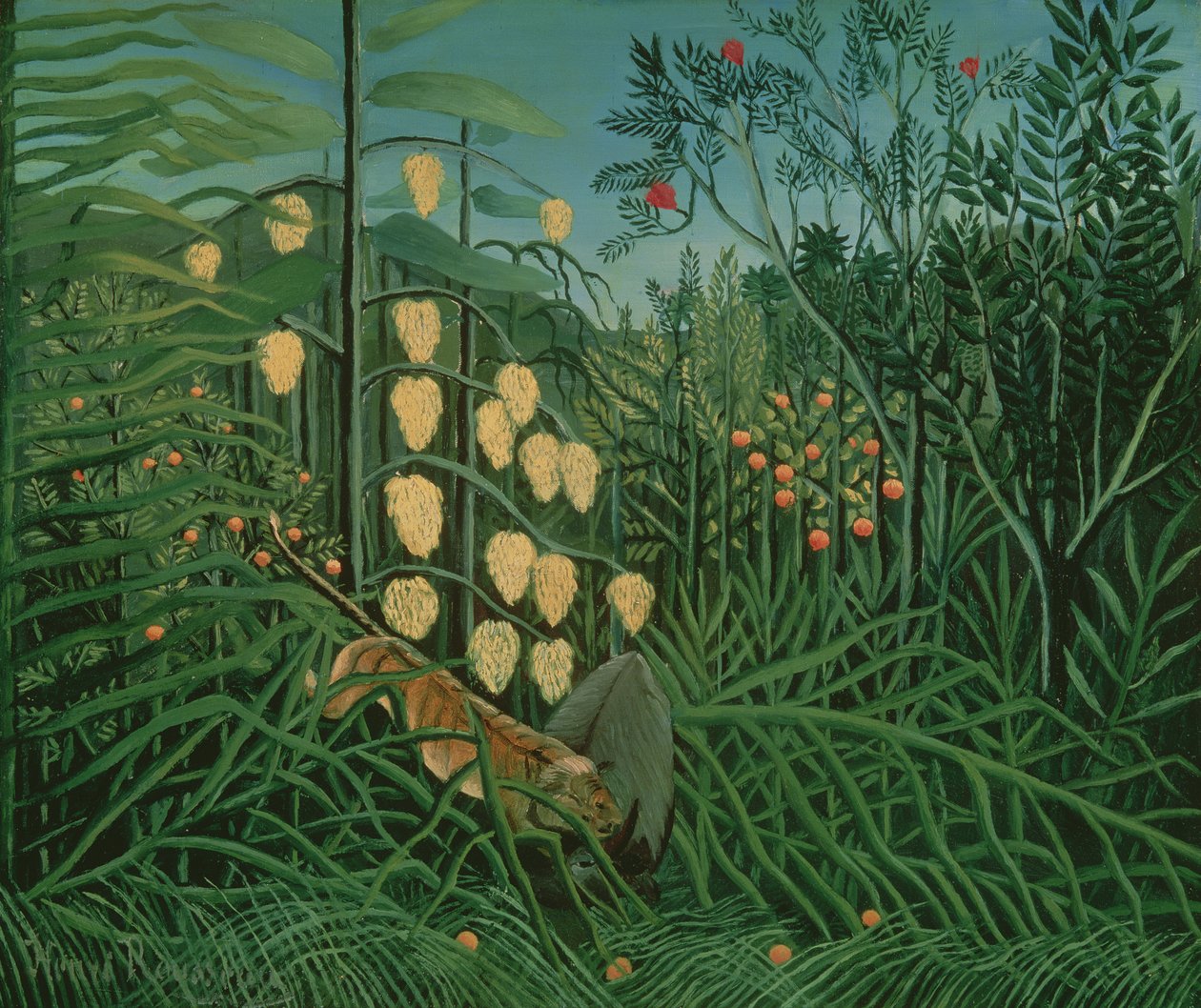 Floresta Tropical: Battling Tiger and Buffalo, 1908 de Henri Rousseau