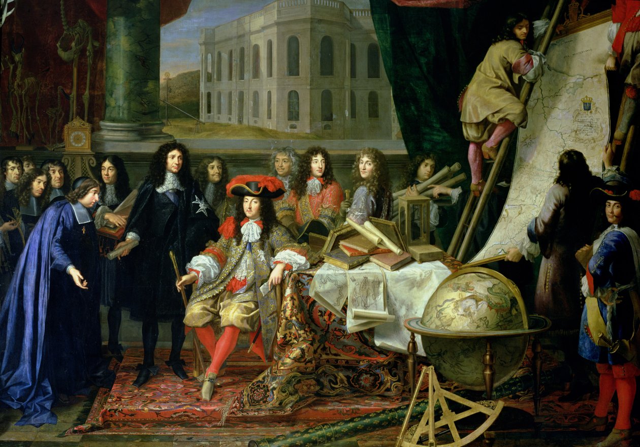 Jean-Baptiste Colbert (1619-83) Apresentando os membros da Academia Real da Ciência para Louis XIV (1638-1715) c.1667 (detalhe) (ver também 104626) de Henri Testelin