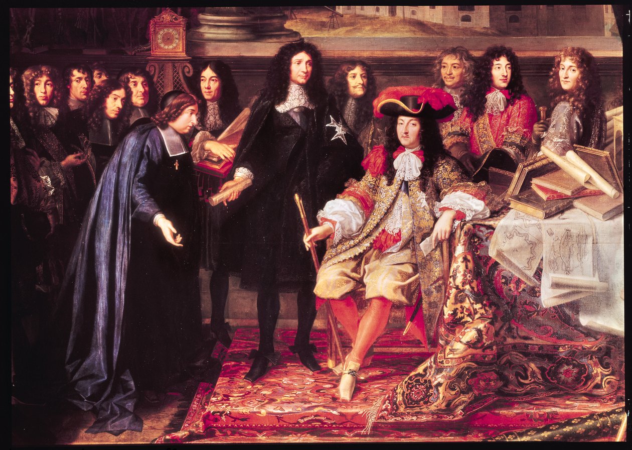 Jean-Baptiste Colbert (1619-83) Apresentando os membros da Academia Real da Ciência para Louis XIV (1638-1715) detalhe da parte central, c.1667 de Henri Testelin