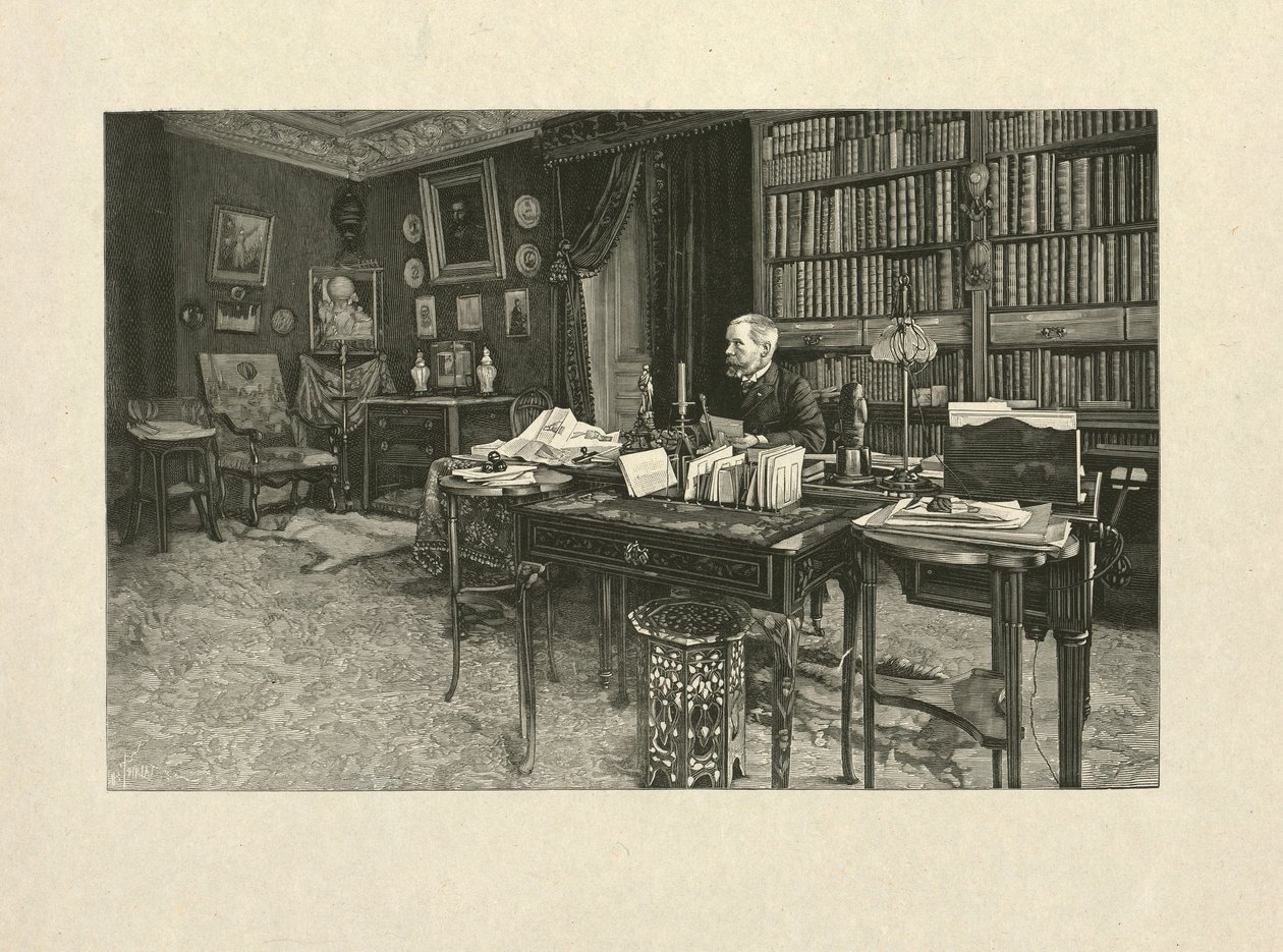 Gaston Tissandier, balonista francês, sentado em uma mesa em seu escritório, 1880-1900 (gravura em madeira) de Henri Thiriat