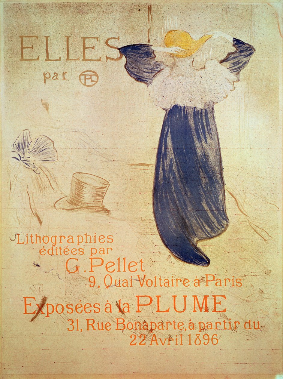 Frontispício de Elles para a exposição de 1896 em La Plume, 31 rue Bonaparte, Paris, a partir de 22 de abril. Edições G Pellet, 9 quai Voltaire, Paris, 1896 (Lápis, pincel e litografia de respingos impressos em fou de Henri de Toulouse Lautrec