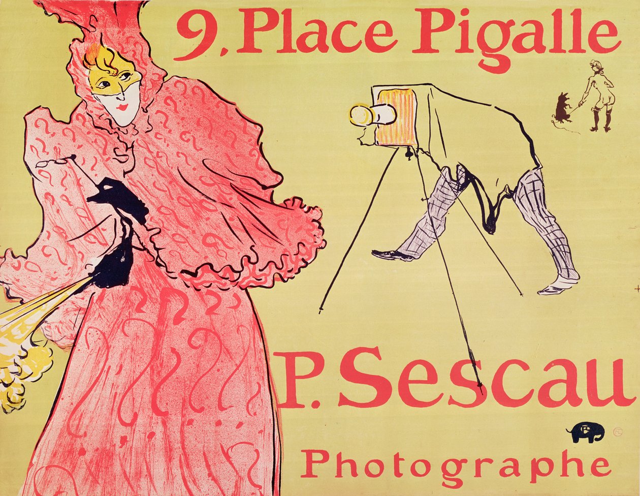 P. Sescau Photographe (poster), 1894 (litografia impressa a cinco cores com técnica de pincel, giz de cera e respingos) de Henri de Toulouse Lautrec