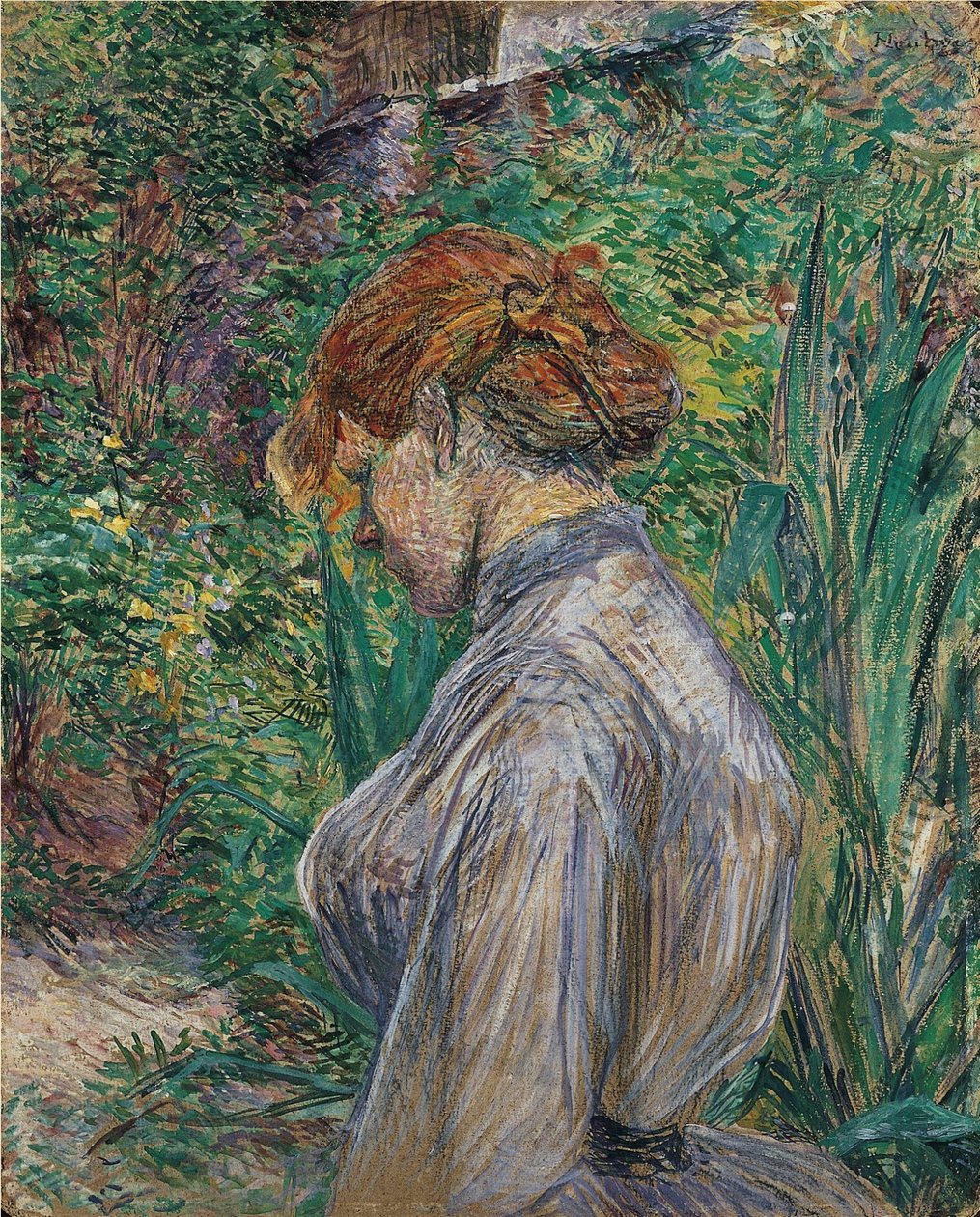 Mulher de cabeça vermelha no jardim do Monsieur Foret de Henri de Toulouse Lautrec