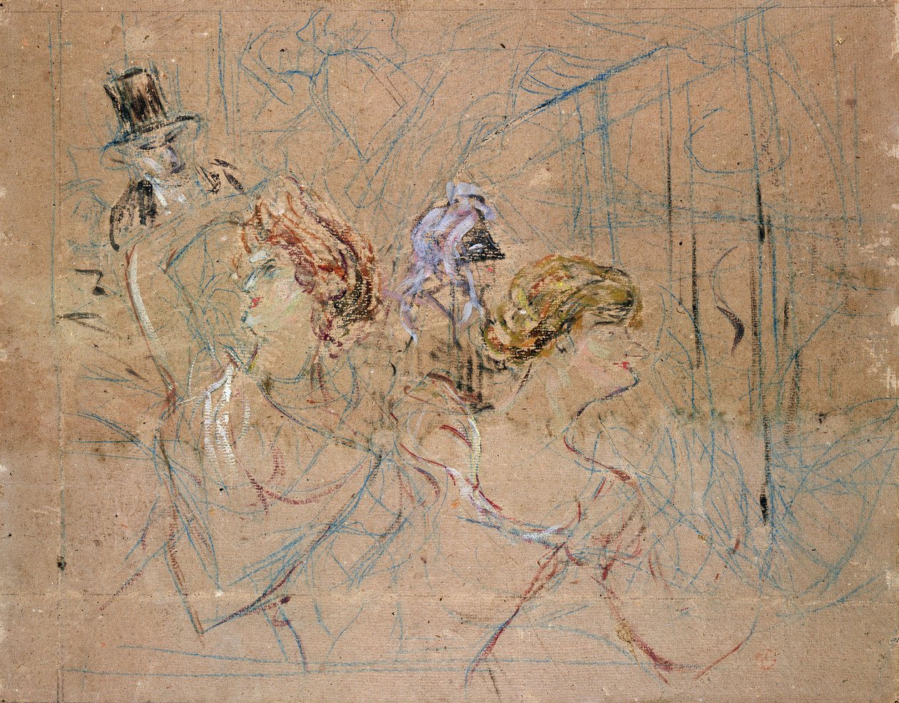 Esboço para &39;No baile de máscaras&39;, c.1892 (lápis colorido sobre papel) de Henri de Toulouse Lautrec