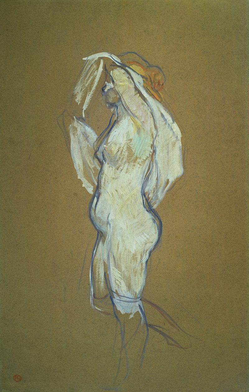 Mulher, levantamento, dela, camisa, 1896, (oil, cardboard) de Henri de Toulouse Lautrec
