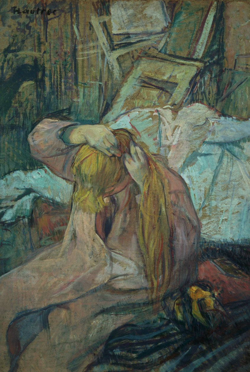 Mulher, fazendo, dela, cabelo, 1891, (oil, cardboard) de Henri de Toulouse Lautrec