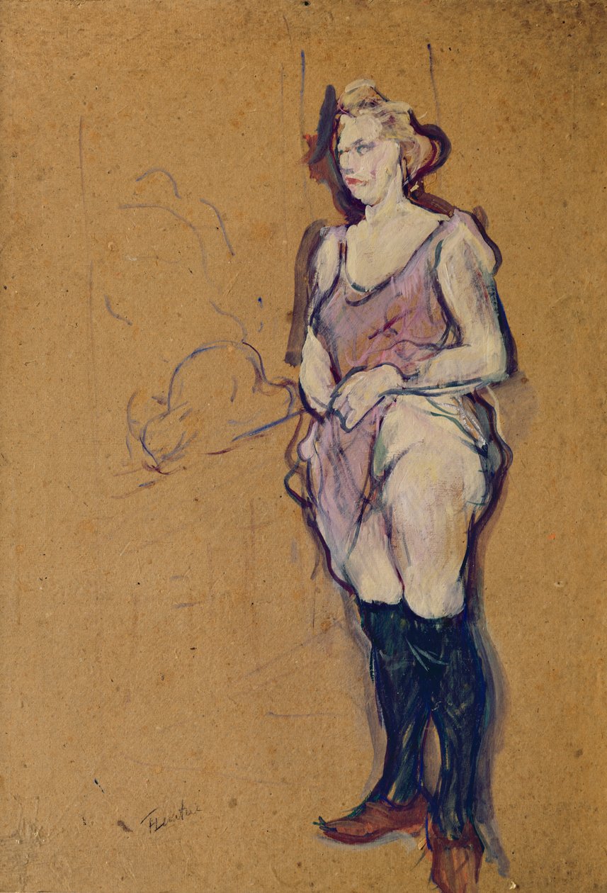Mulher, segurando, dela, vestido, ou, mulher, em, um, bordel, 1894, (oil, ligado, cardboard) de Henri de Toulouse Lautrec