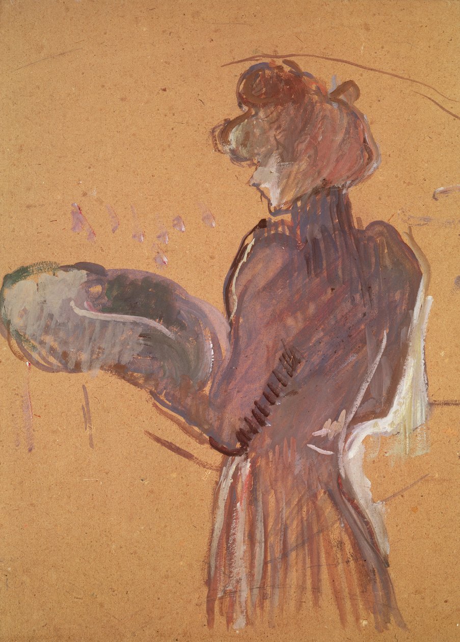 Mulher jovem, segurando, um, chapéu, (oil, e, pastel, ligado, paper) de Henri de Toulouse Lautrec