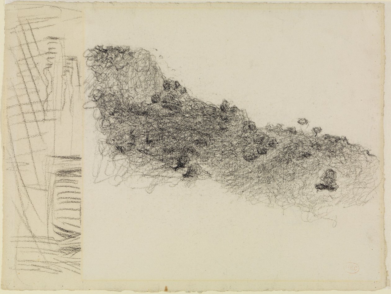 Cordilheira a descer para a direita no sul de França, à esquerda fragmento de outro desenho de Henri-Edmond Cross