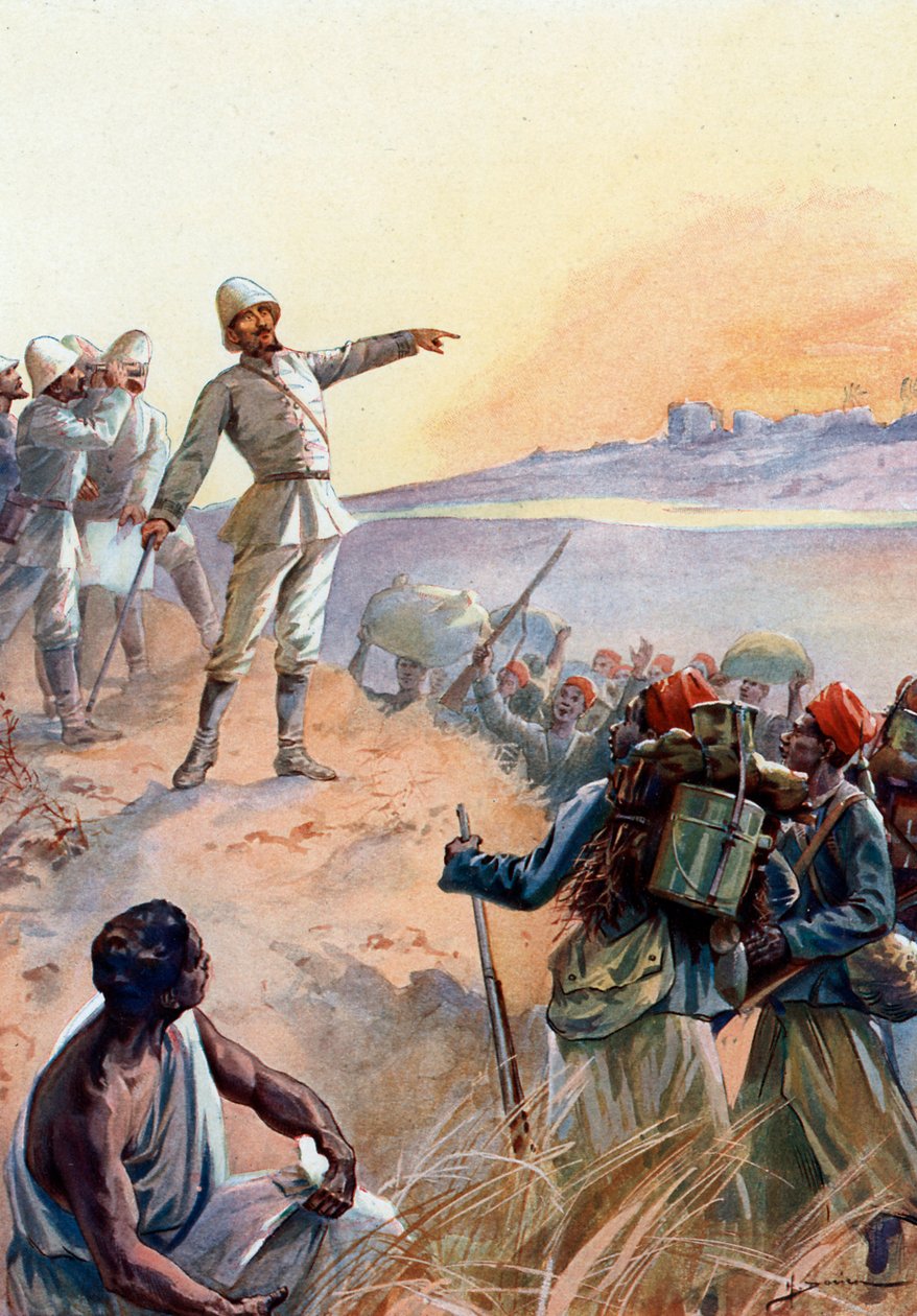 Crise de Fachoda: O capitão Jean Baptiste Marchand (1863-1934) e os seus Tirailleurs senegaleses marcham para Fachoda no Sudão para o transformar num protectorado francês, Julho de 1898" (incidente Fashoda: O Major Jean-Baptiste Marchand atravessa a África de Henri Gaston Darien