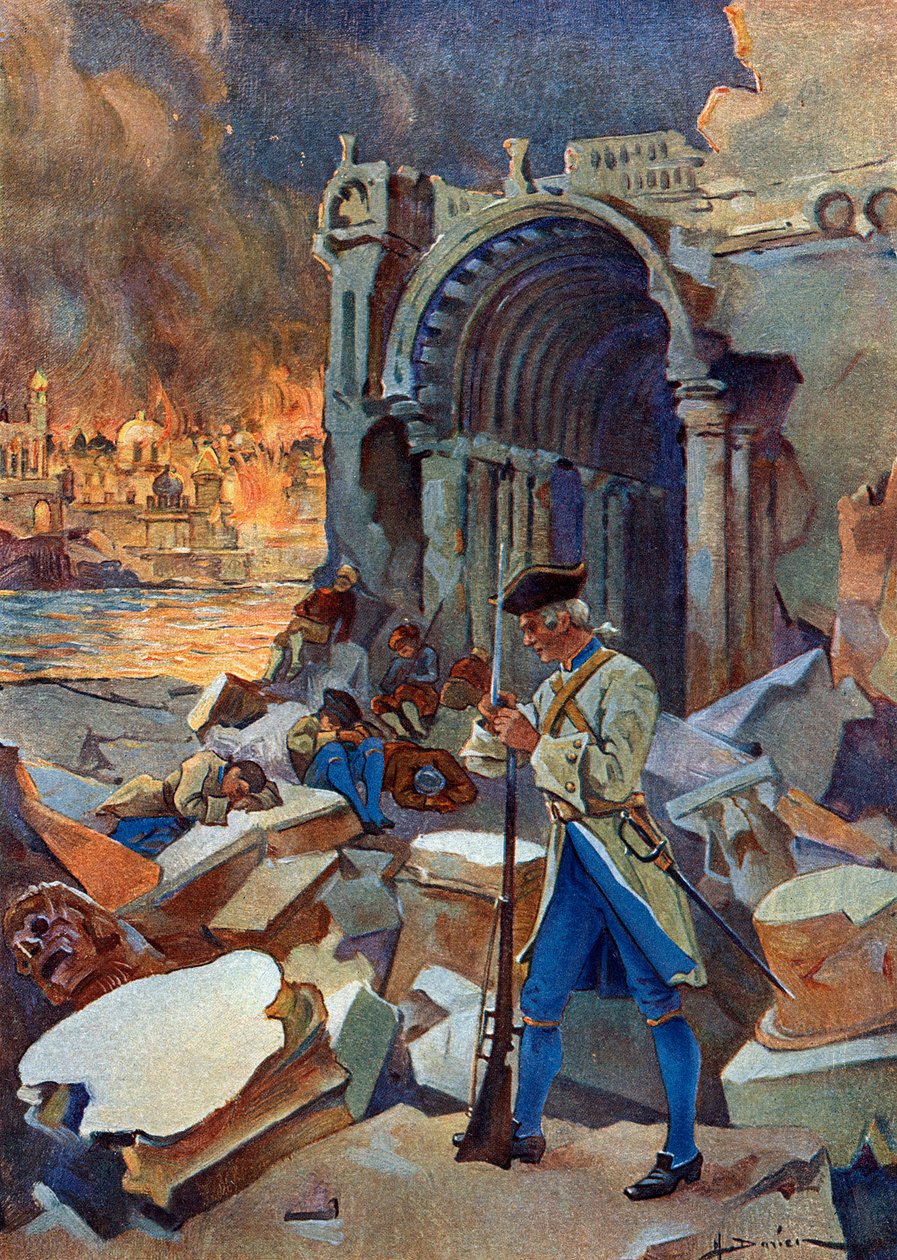 Campanha indígena (1778-1783): vista da Batalha de Trinquemalay em Agosto de 1782 no Ceilão, opondo o exército francês de Suffren contra os britânicos do Almirante Hugues" (Guerra revolucionária americana: Índias Orientais: a batalha de Trincomalee entre u de Henri Gaston Darien