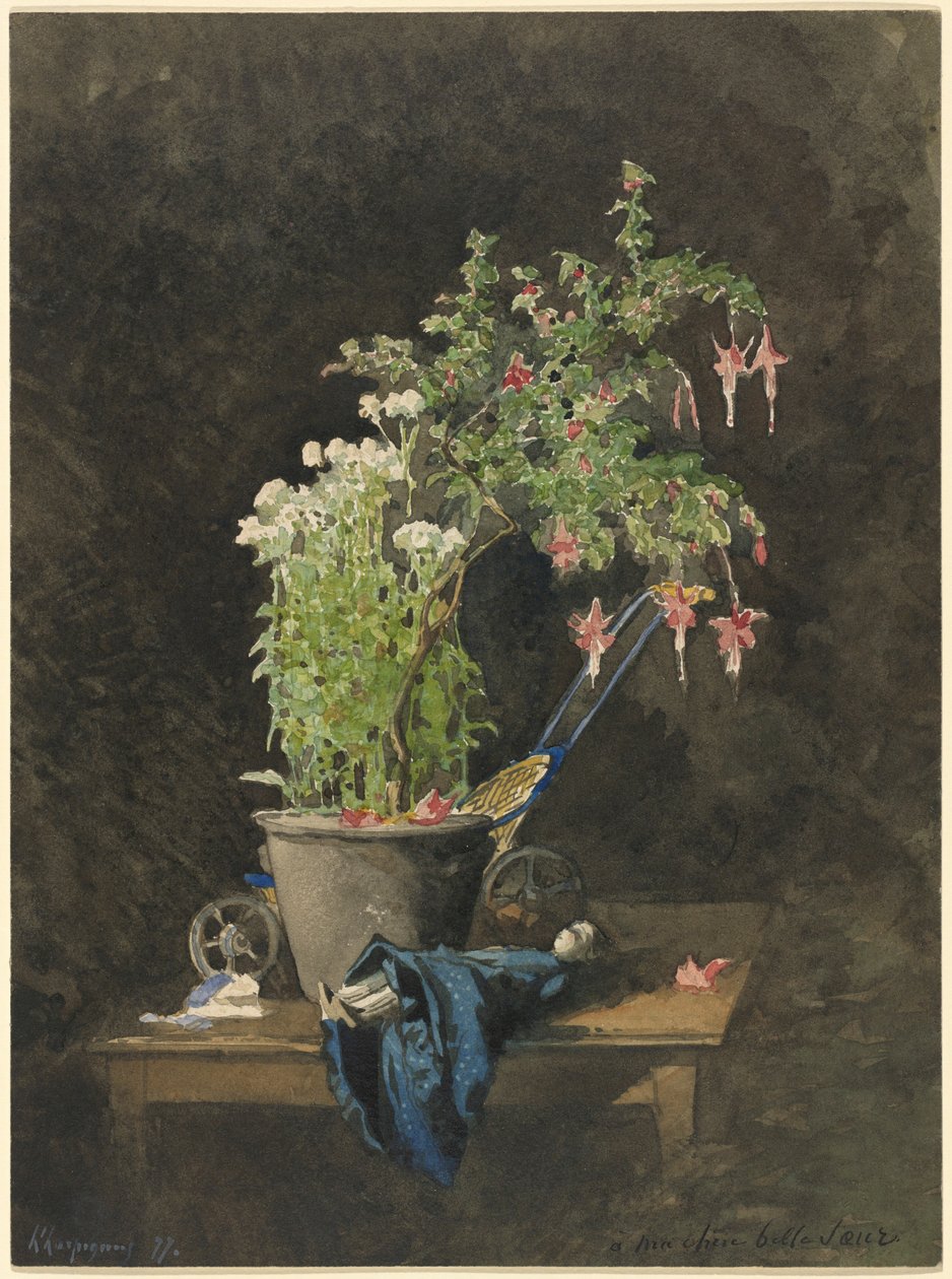 Uma fúcsia em vaso com brinquedos de criança de Henri-Joseph Harpignies