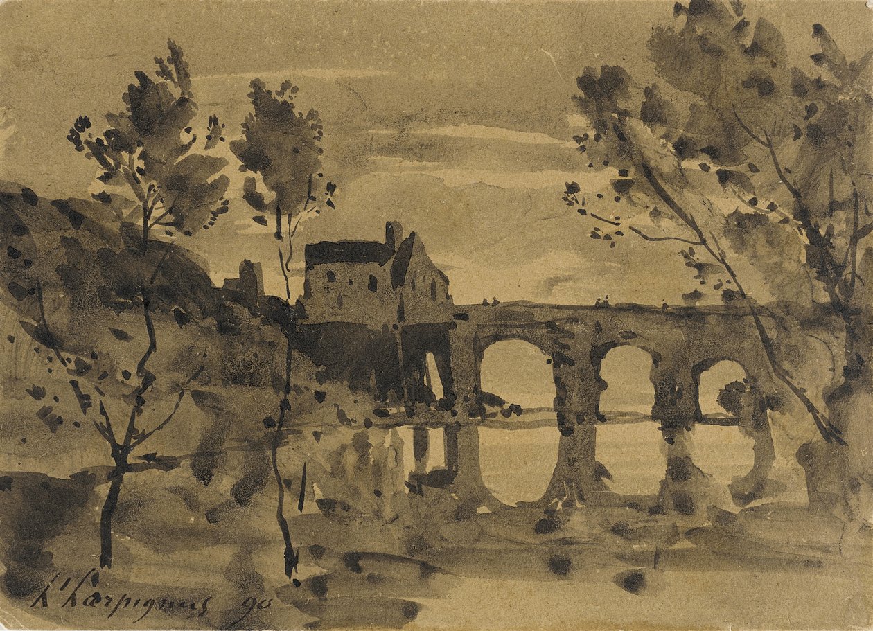 Paisagem fluvial com ponte e casa de Henri-Joseph Harpignies