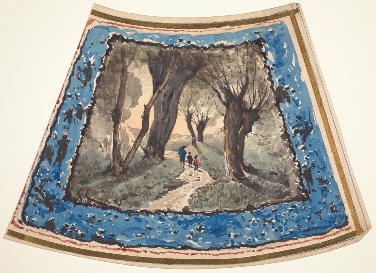 Viajantes num caminho arborizado, ladeado por figuras caprichosas e macacos de Henri-Joseph Harpignies