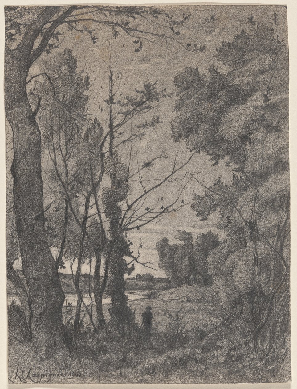 Paisagem arborizada junto a um rio de Henri-Joseph Harpignies
