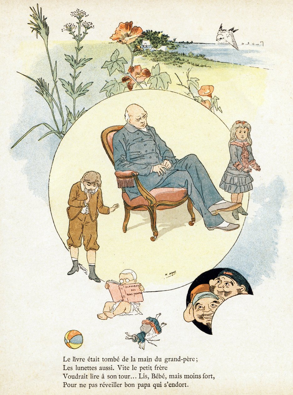 Gravação no "Alfabeto dos bons exemplos". Jules Levy, editor. Ilustrações de Henri Boulanger, também conhecido como Henri Gray . Textos da Sra. P. Boulanger. Gravação e impressão por Ch. Gillot, 79 rue Madame, Paris. Por volta de 1890. Encontre em cada ima de Henri  Gray