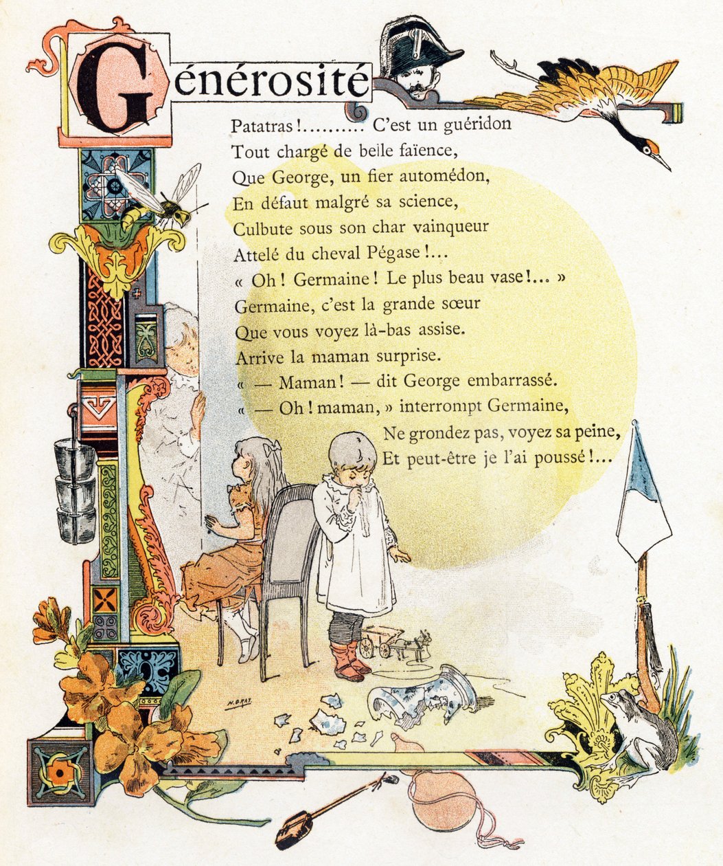 Letra G Generosite - Gendarme Grue Guepe Godets Giroflee Gourde Grenouille - Gravura em "Alphabet des bons exemples" - Jules Levy, editeur - Ilustrações de Henri Boulanger, aliás Henri Gray (1858-1924). Textos (poemas) de Mme P. Boulanger - Gravura e i de Henri (1858 1924) Gray