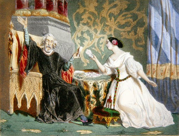 Rosine Stolz (1815-1903) e Paul Barroilhet (1810-71) no Acto II da ópera "Charles VI" de Jacques Fromental Halevy (1799-1862) (cor litho) de Henri (after) Baron