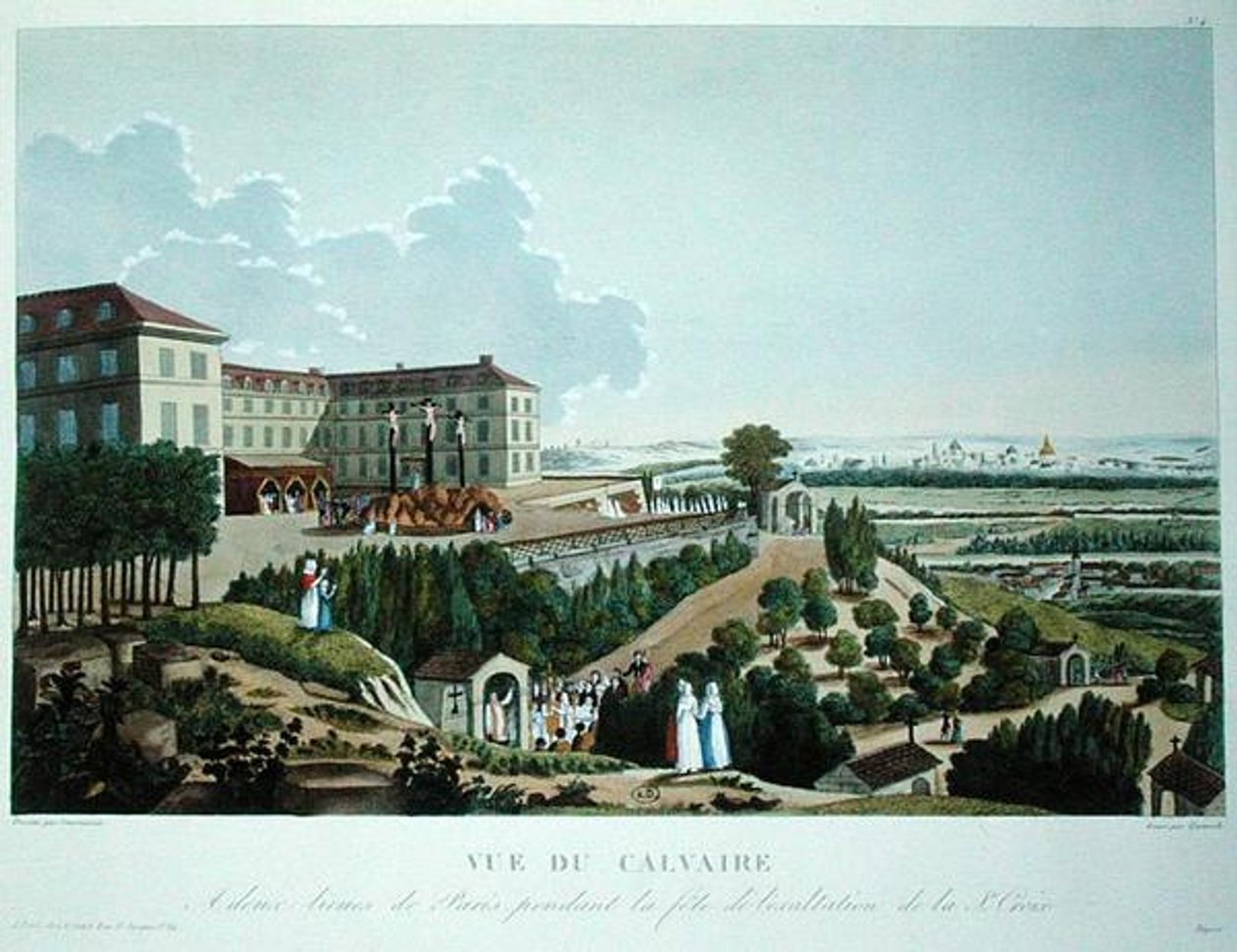 Procissão diante de um calvário erguido pelas Missões em Mont Valerien, perto de Paris, gravada por Queverdo de Henri (after) Courvoisier Voisin