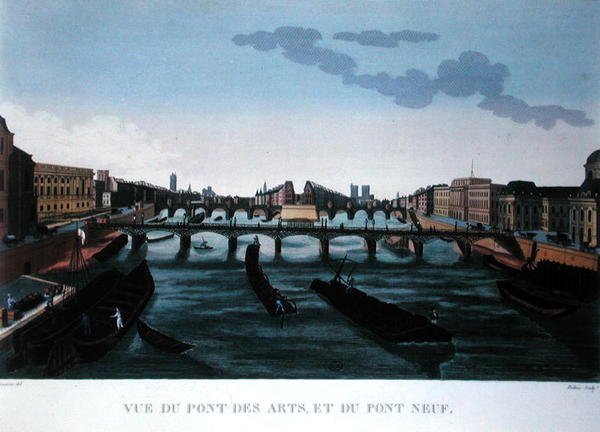 A Pont des Arts e a Pont Neuf, c.1815-20 (gravação a cores) de Henri (after) Courvoisier Voisin