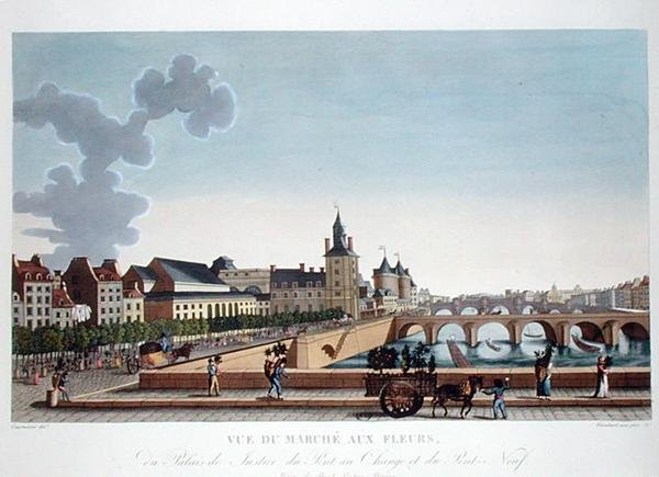 Vista do Mercado das Flores pelo Palais de Justice, c.1816-20 (gravação a cores) de Henri (after) Courvoisier Voisin