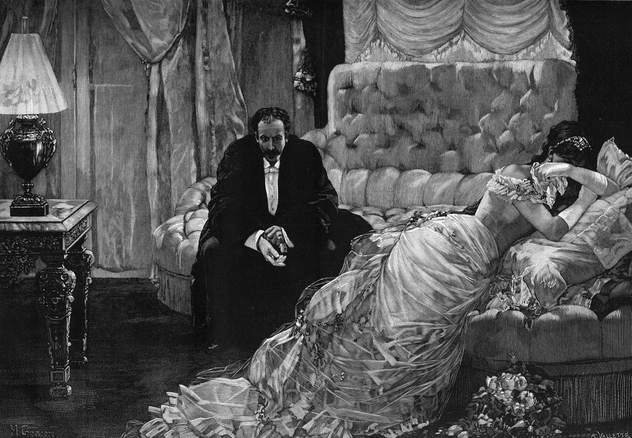 Regresso do baile de finalistas: uma cena de ciúmes entre uma mulher em lágrimas e um homem em roupa nervosa a tirar-lhe as luvas. Gravura após o quadro de Henri Gervex (1852-1929). Em "Le Monde Illusre" n°1889 de 10 de janeiro de Henri (after) Gervex