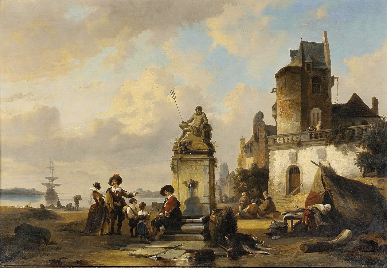 Figuras elegantes sentadas junto a uma fonte, um porto lá fora de Henri Adolphe Schaep