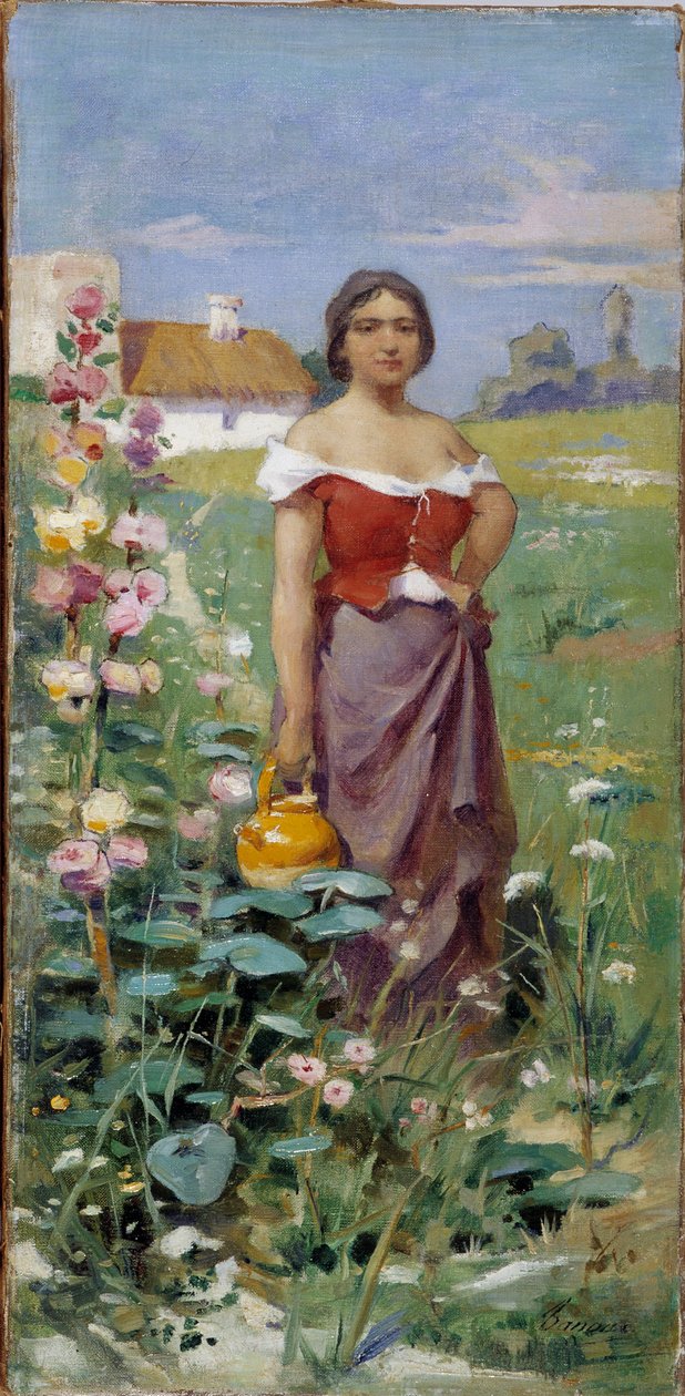 Camargaise um jarro Jovem mulher vestida com um cigano em um campo. Pintura de Adrien Henri Tanoux (1865-1923) Séc. XX Menção obrigatória: Colecção fondation respeita de Provence, Marselha de Henri Adrien Tanoux