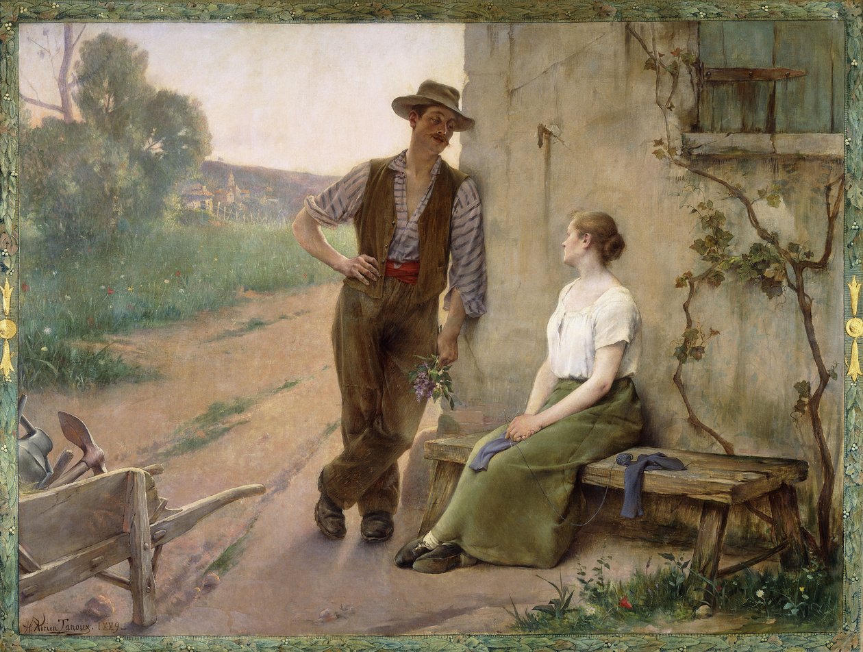 Casal de camponeses em um pátio, 1889 de Henri Adrien Tanoux