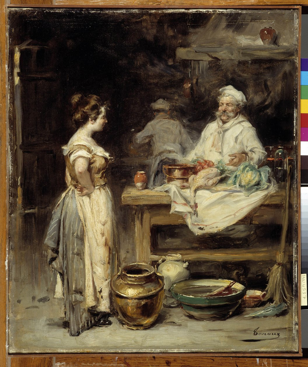 A cozinha: uma cozinheira e uma empregada na cozinha (óleo sobre tela) de Henri Adrien Tanoux