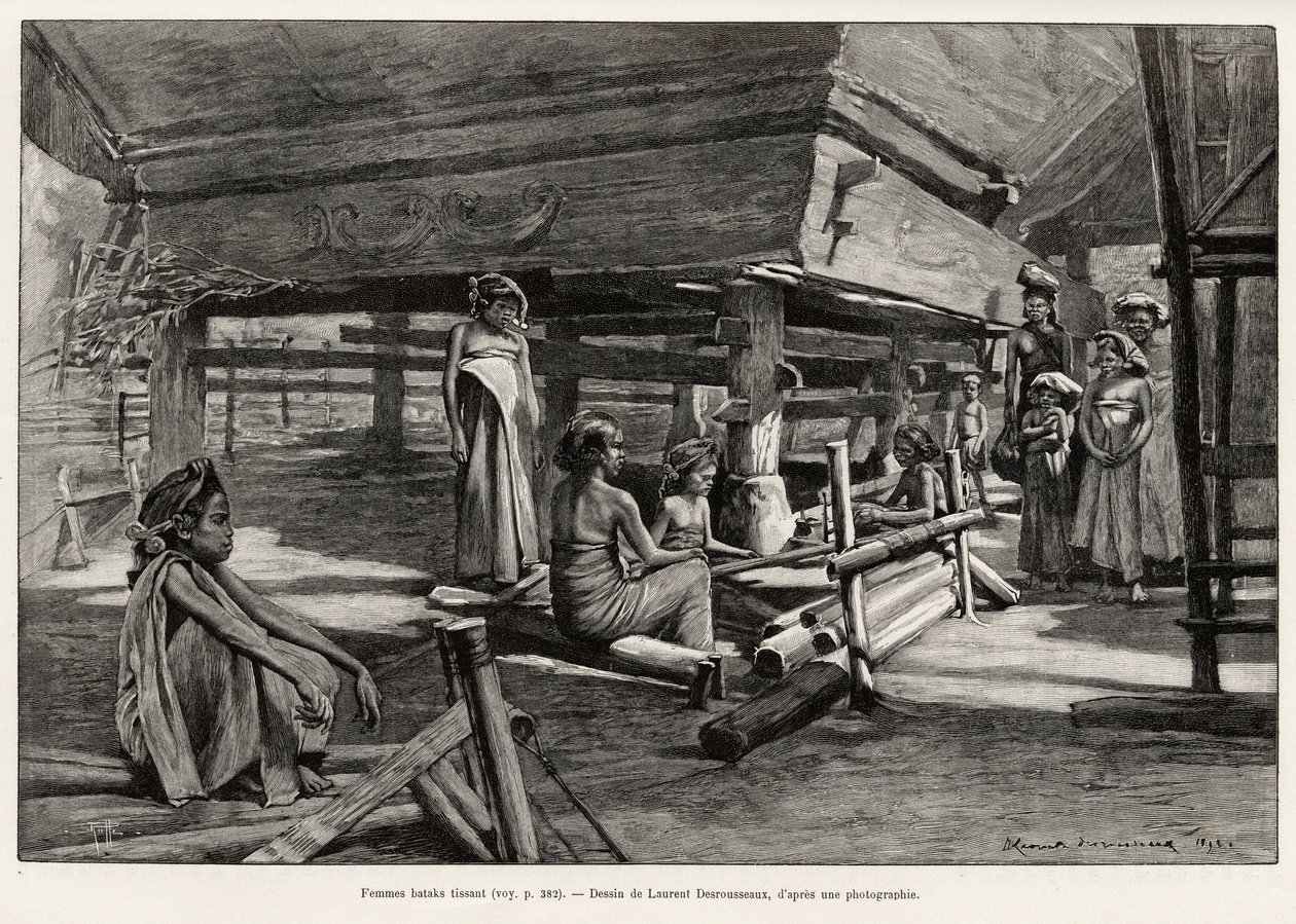 Mulheres Batak, grupo étnico do norte de Sumatra, tecelagem. Gravura de Laurent Desrousseaux para ilustrar a história "um ano na Malásia", de Jules Claine (1856-1939), em 1889-1890, em Le tour du Monde 1892, dirigido por Edouard Charton (1807-1891), Hachet de Henri Alphonse Louis Laurent Desrousseaux