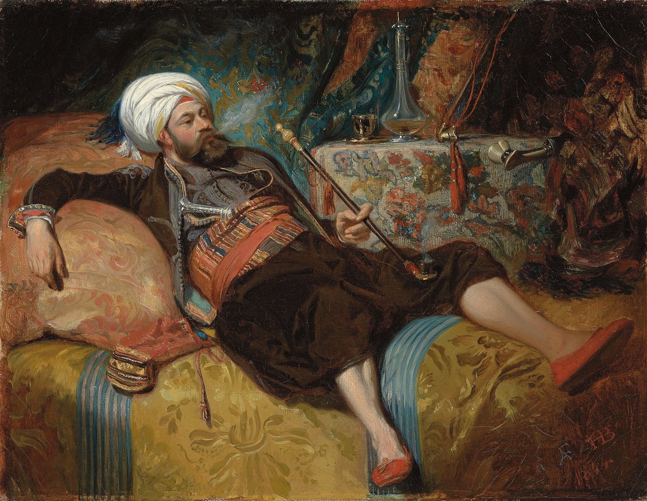Um turco reclinado fumando um cachimbo de água, 1844 de Henri Baron