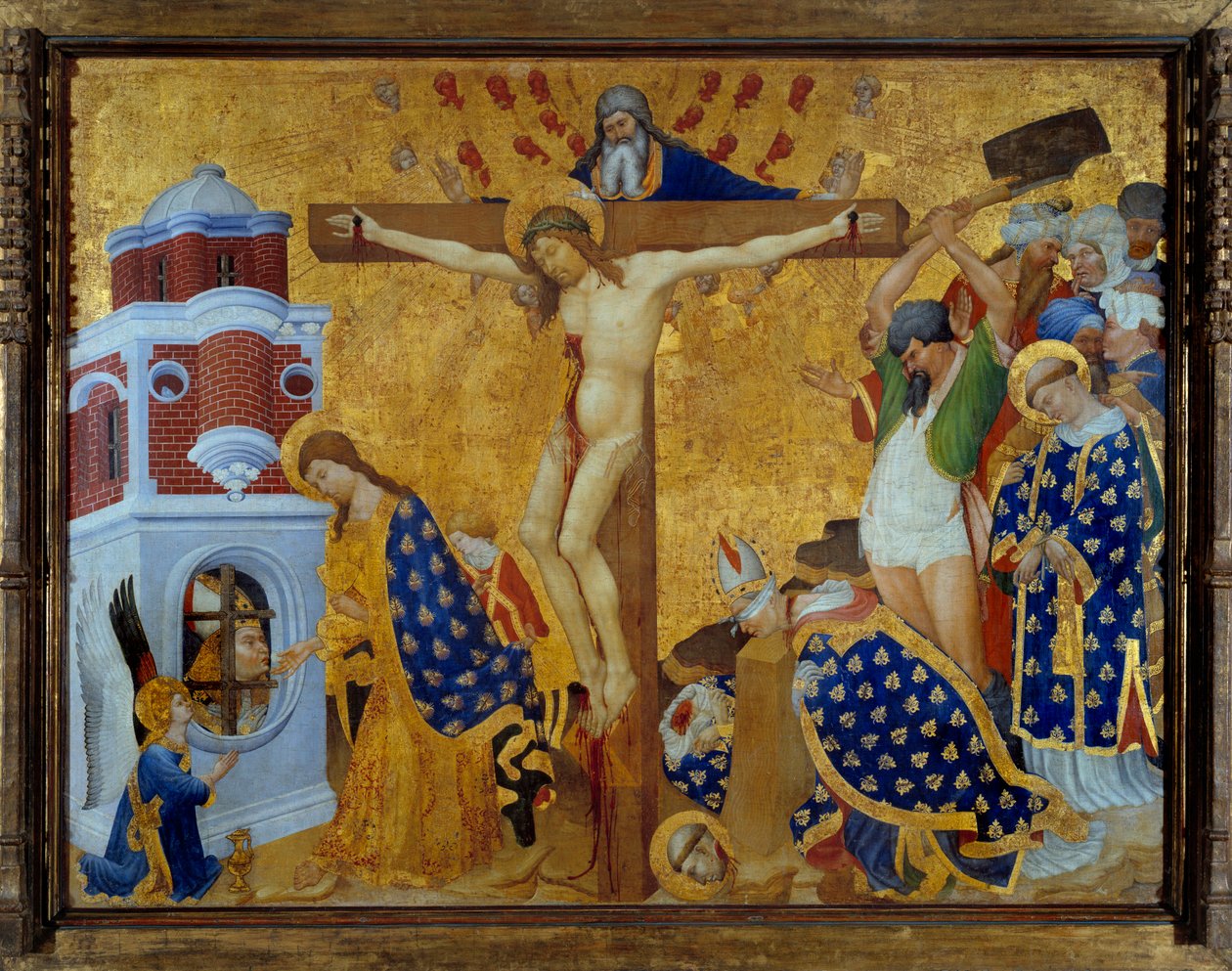 Altarpe de Saint Denis (acabamentos em 1416) para a igreja da Chartreuse de Champmol Cena de crucificação e descoloração de Saint Denis de Paris - Pintura sobre madeira transposta sobre tela por Henri Bellechose (1380-1440) 1416 Sol 1,32x2,11 m de Henri Bellechose