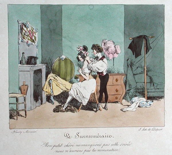 Devoção acima do dever, ilustração de "Vues de Paris; esquisses morales et philosophiques", início do século XIX (color litho) de Henri Bonaventure (after) Monnier