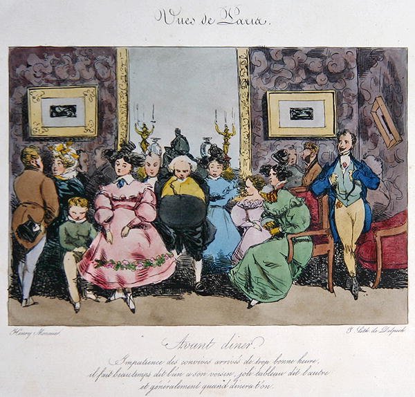 Representação humorística do comportamento e conversa dos convidados antes do jantar, gravada por François Seraphin Delpech (1778-1825) (cor litho) de Henri Bonaventure (after) Monnier