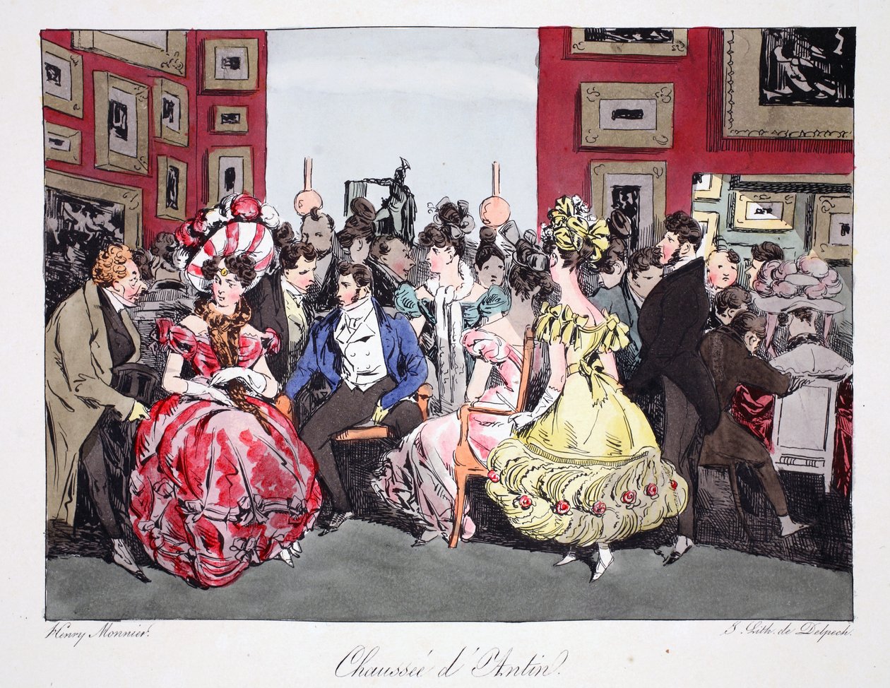 Chaussée d&39;Antin, ilustração de Six Quarters of Paris por Henri Monnier, litografada por FS Delpech, pub. Paris, c.1828 (litho colorido à mão) de Henri Bonaventure Monnier