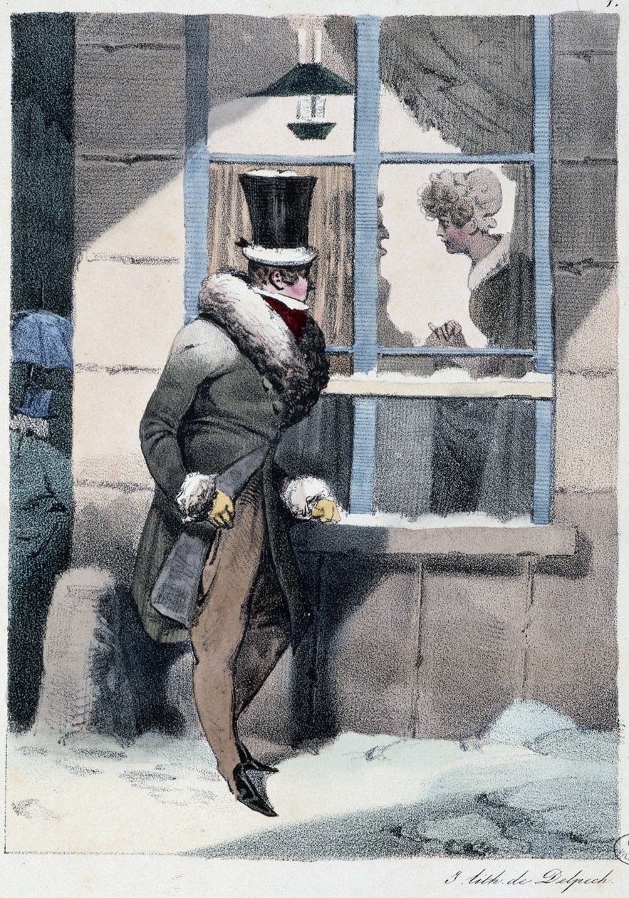 Um homem curioso a olhar pela janela dentro de uma casa: "Todos tomam o seu prazer onde ele o encontra" - em "Les pastemps" de Henri Monnier, Ed. Delpech, Paris de Henri Bonaventure Monnier