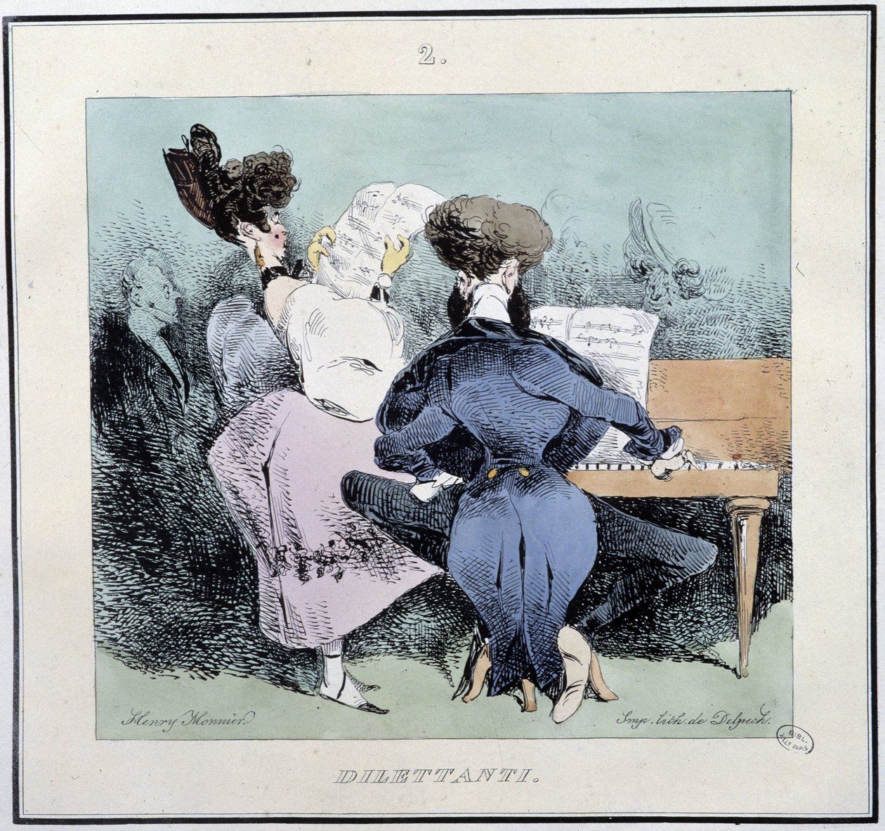 Dillettantes (jovens cantando e tocando piano) - em "Esquisses parisiennes" de Henri Monnier, ed. Delpech, Paris de Henri Bonaventure Monnier