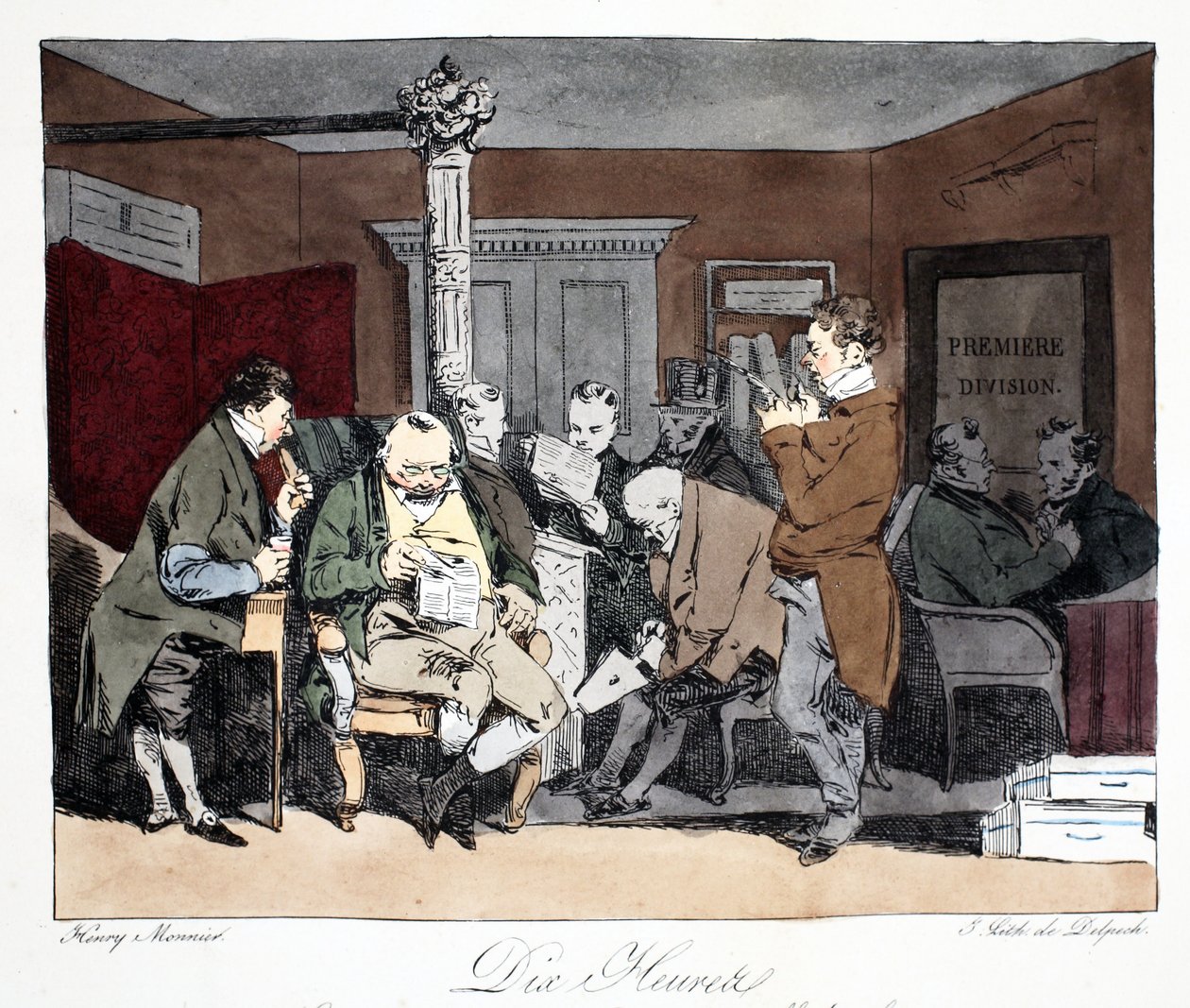 Dez horas, ilustração de &39;Administrative Mores, Drawn From Nature&39;, de Henri Monnier, litografada por Delpech, pub. Paris, c.1828 (litho colorido à mão) de Henri Bonaventure Monnier